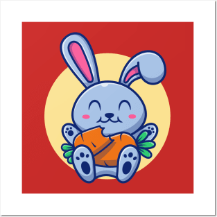 Cute Rabbit Eating Carrot Cartoon Posters and Art